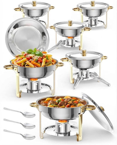 Juego de calentadores para buffet en acero inoxidable con tapa de vidrio y soporte, 6 piezas