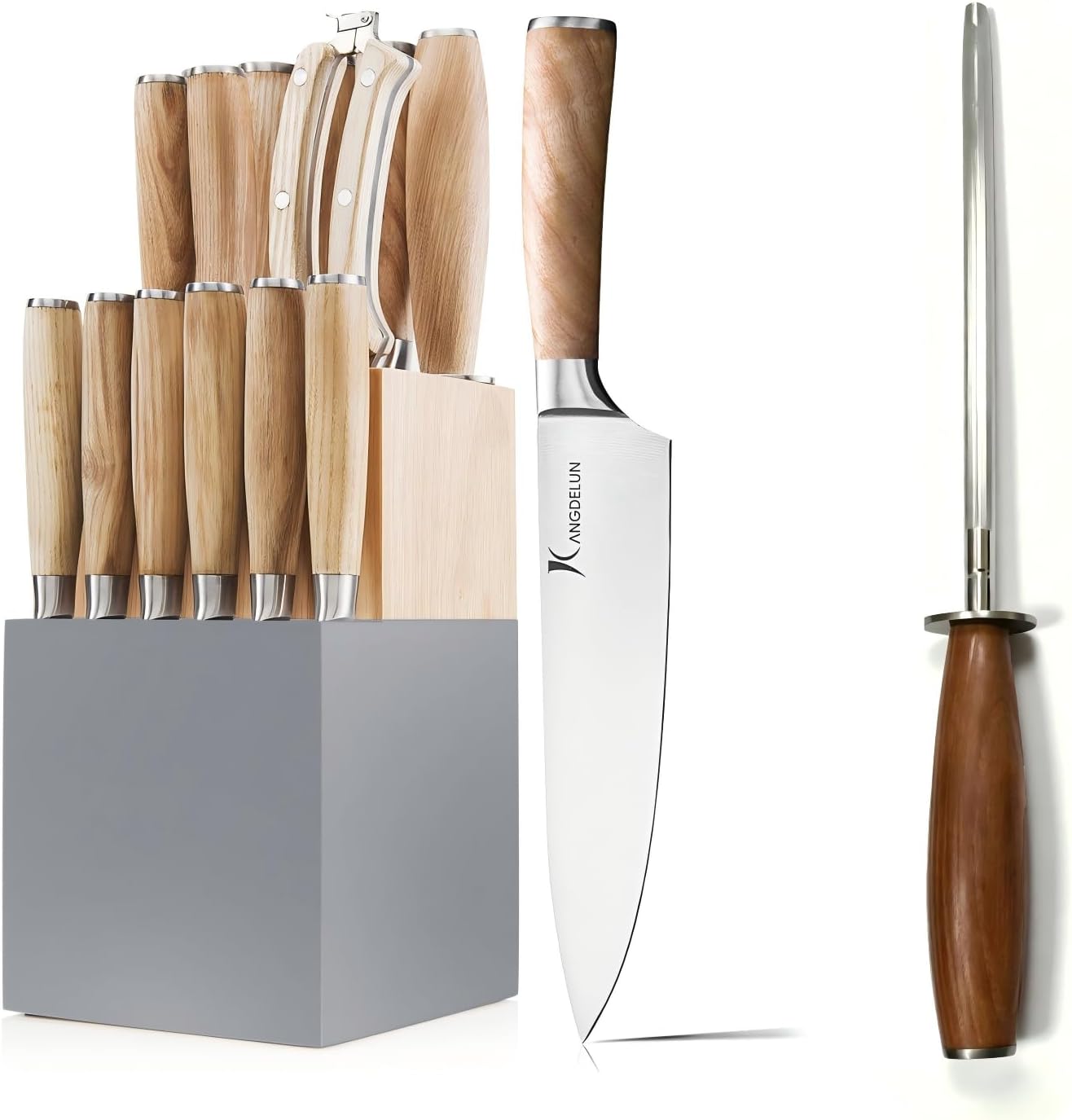 Set 15 Cuchillos Acero Inox con Bloque y Afilador de 8"