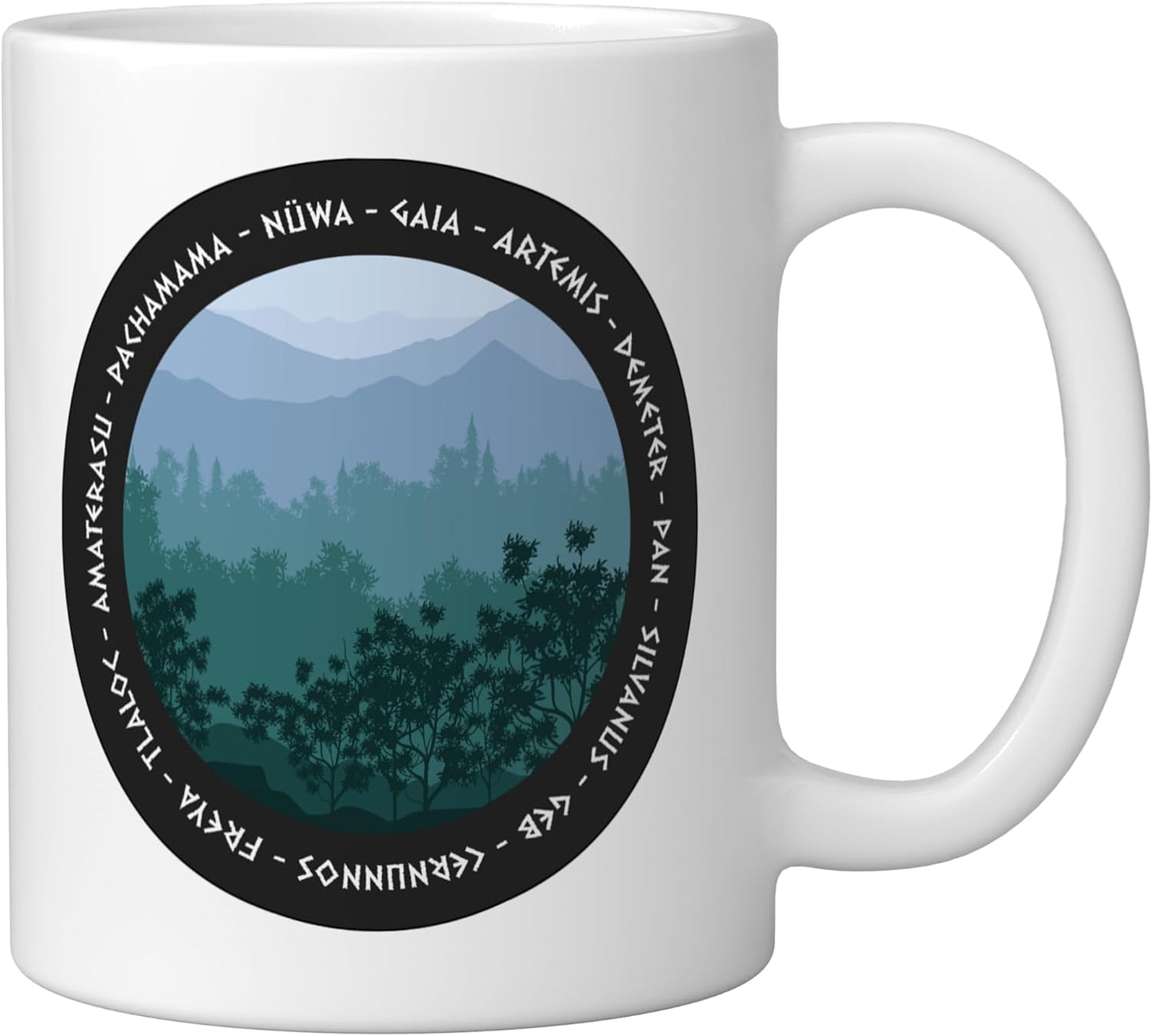 Taza de cerámica con símbolos de dioses y diosas de la naturaleza