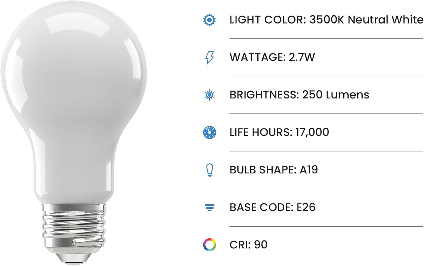 Bombilla LED A19 2.7W blanco neutro 3500K regulable E26