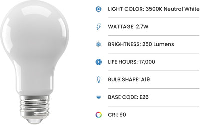 Bombilla LED A19 2.7W blanco neutro 3500K regulable E26