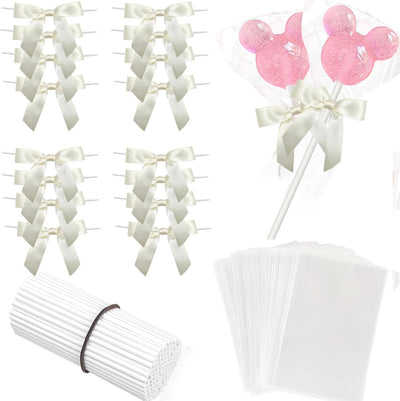 Juego de 100 palitos para tartas y bolsas de golosinas con envoltorios y corbatines blancos