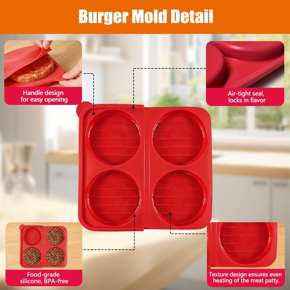Molde de silicona para hamburguesas de 4 cavidades con espátula