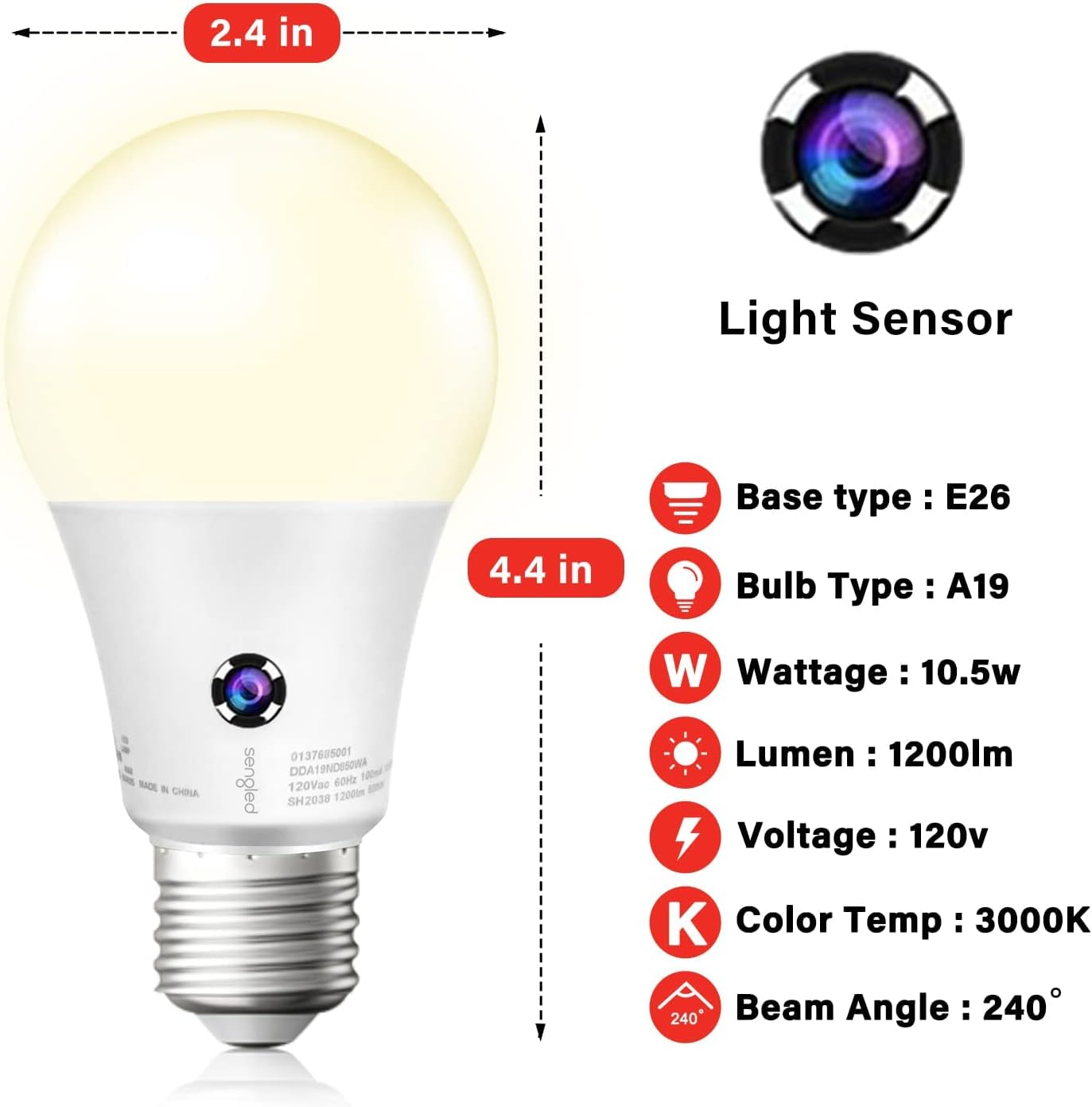 Bombilla LED A19 sensor exterior pack 4 3000K blanco suave