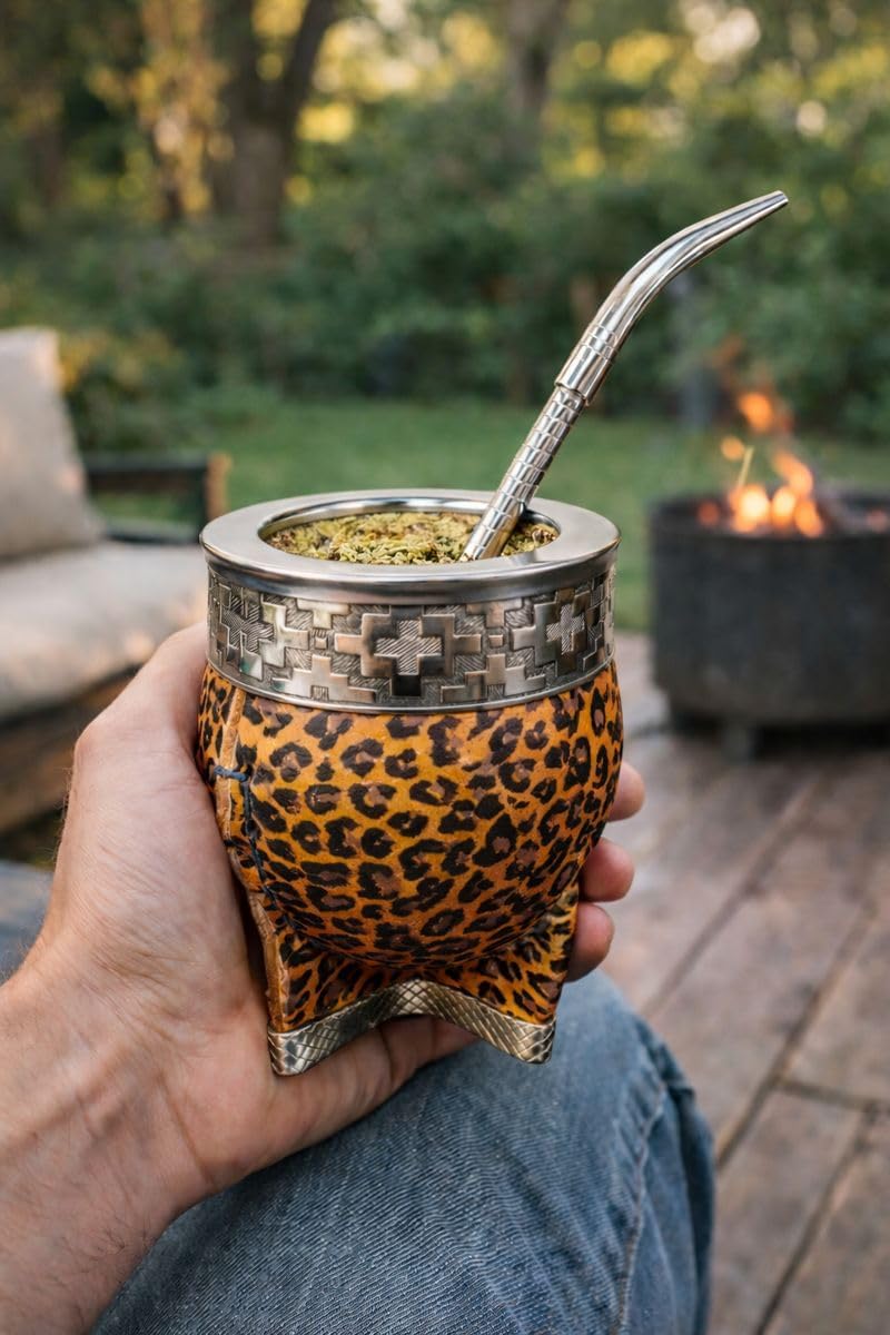 Juego Tazas Yerba Mate Popote Envoltura Cuero Alpaca Acero