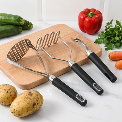Juego de 3 machacadores y peladores de papas, 2 trituradores de acero inoxidable con asas antideslizantes