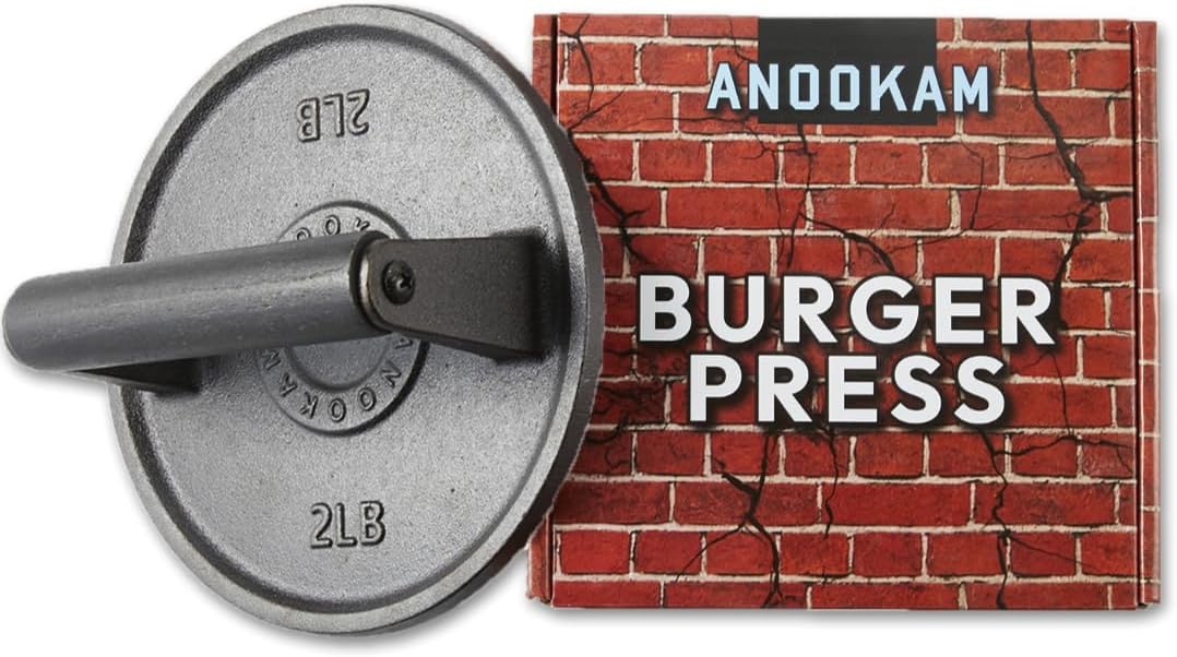 Prensa hamburguesa hierro fundido 6.5pulg redonda mango madera