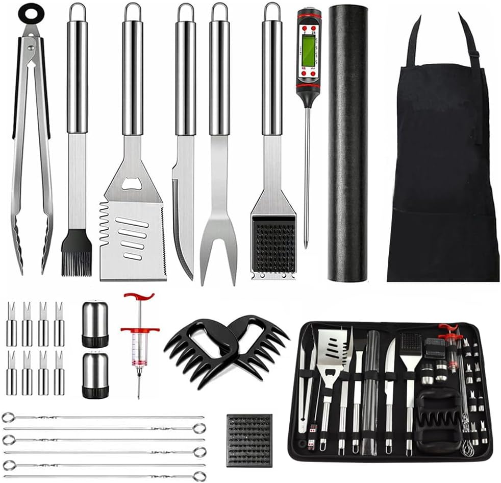 Kit 30 accesorios BBQ acero inox con delantal y bolsa