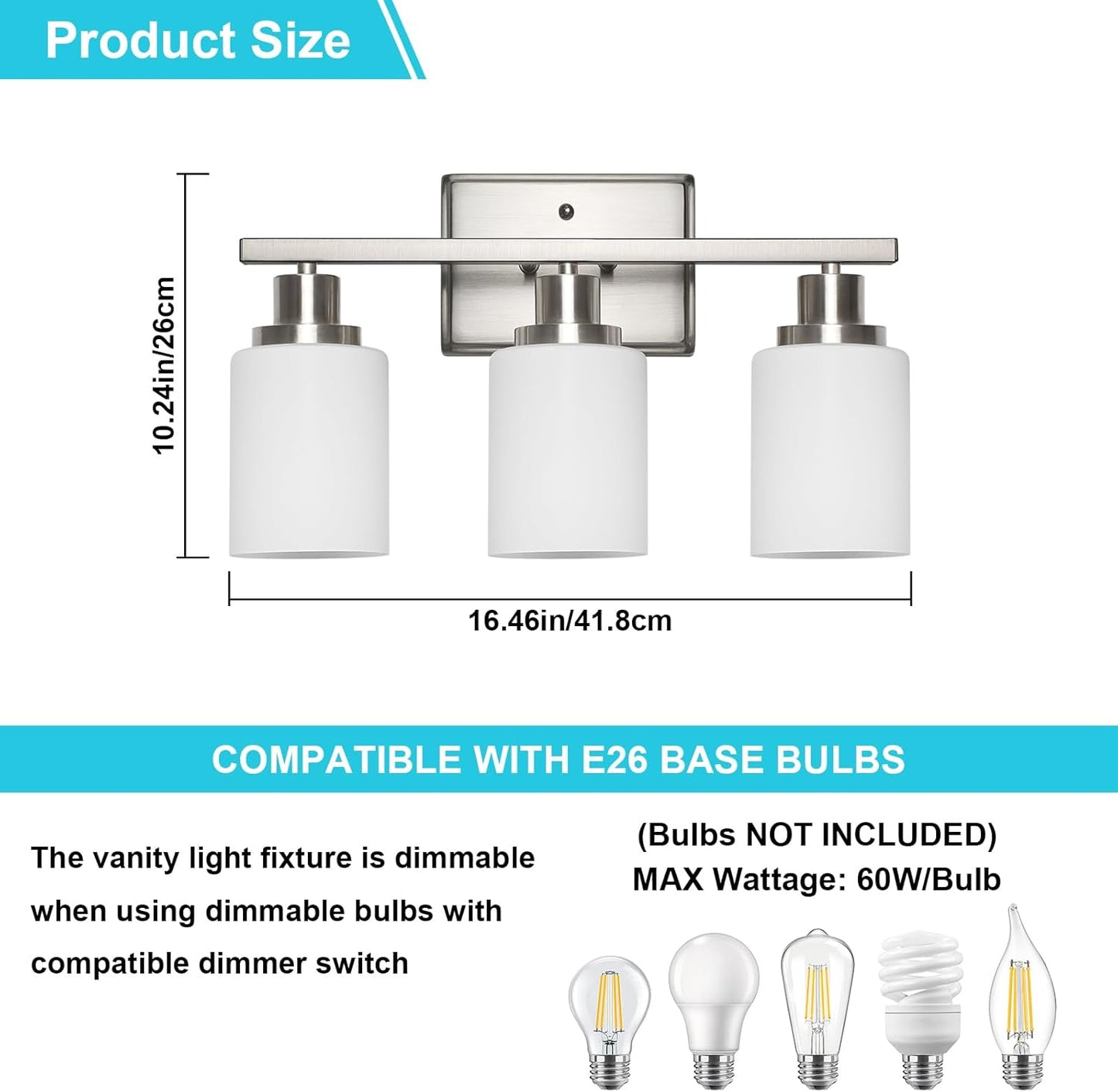 Lámpara baño 3 luces sobre espejo níquel cepillado blanco