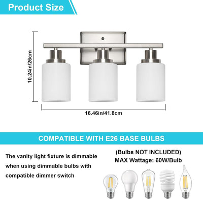Lámpara baño 3 luces sobre espejo níquel cepillado blanco