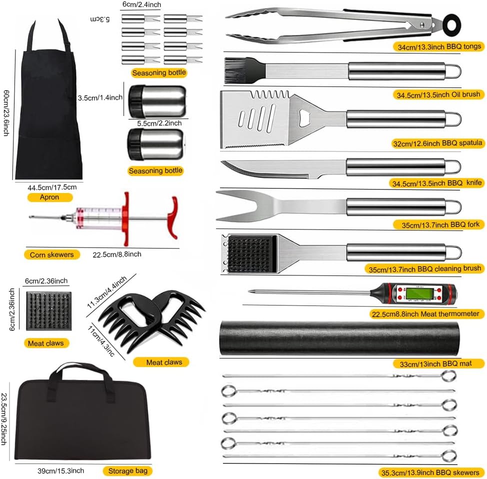 Kit 30 accesorios BBQ acero inox con delantal y bolsa