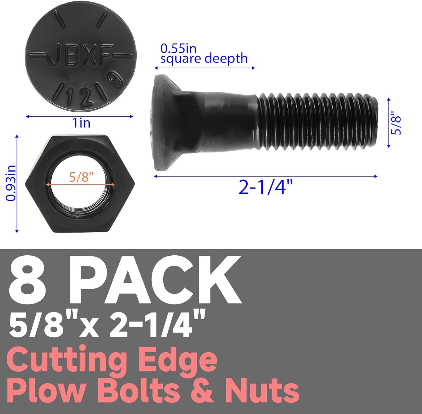 Set 8 Pernos Corte Grado 8 5/8x2-1/4 con Tuercas para JCB