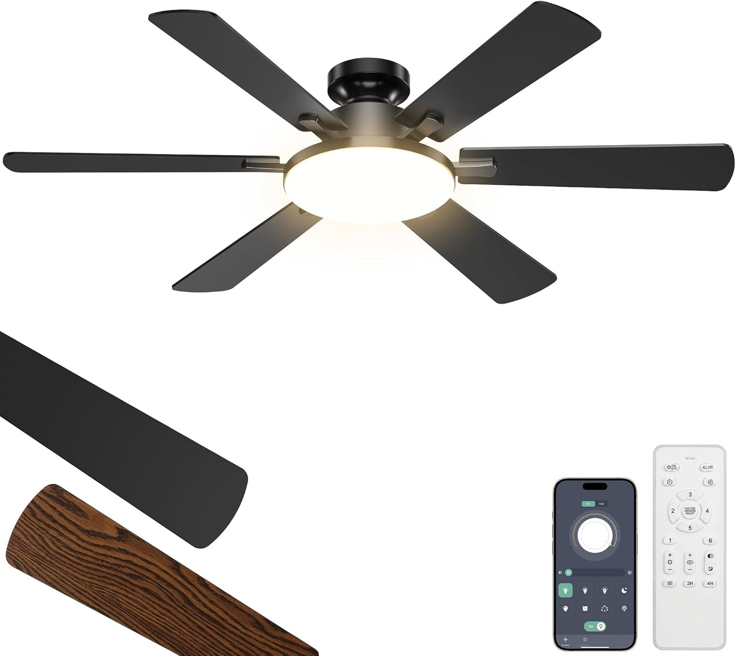 Ventilador techo 52pulg 6 aspas LED regulable control remoto
