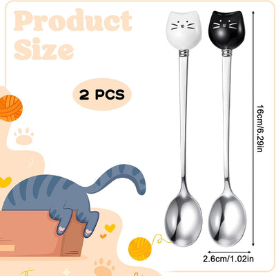 Juego de 2 cucharas de café en forma de gato de acero inoxidable