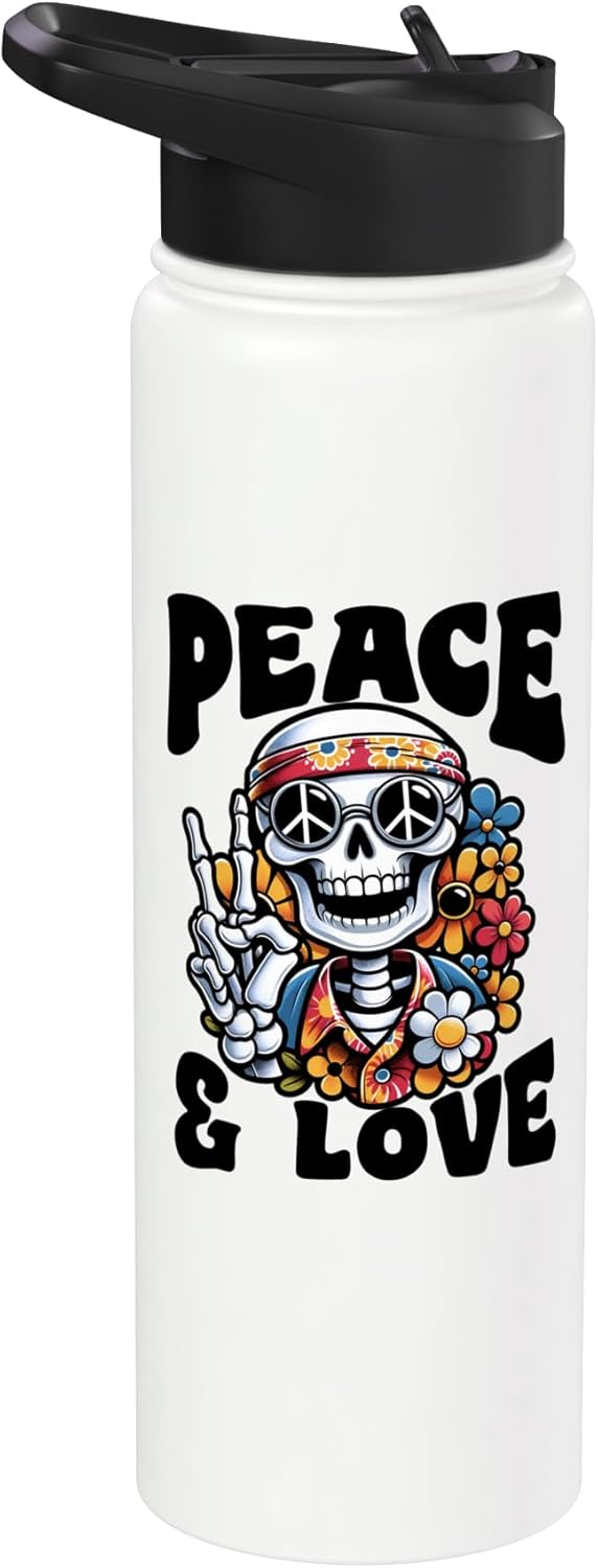 Botella de agua aislada retro 60 sin BPA con signo de paz