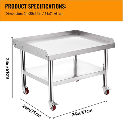 Mesa acero inox para parrilla 24x28pulg con ruedas y estantes 660lb