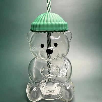 Taza con popote de oso, vaso de vidrio con popete reutilizable para batidos y café
