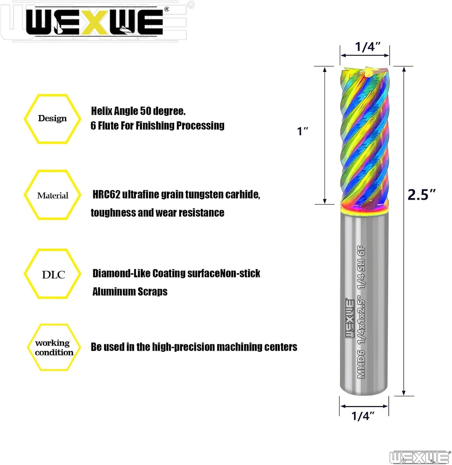 Fresa carburo 6 flautas DLC aluminio cobre 1/4