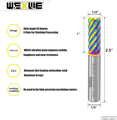 Fresa carburo 6 flautas DLC aluminio cobre 1/4