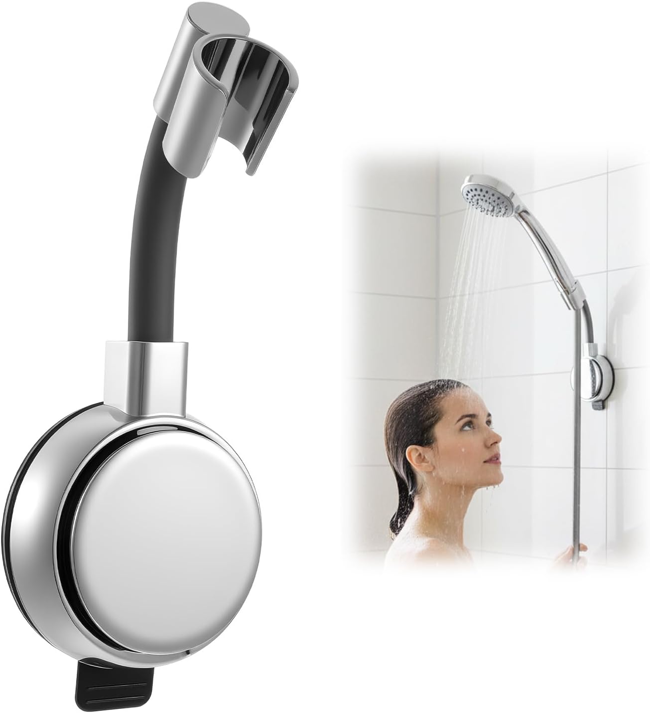 Soporte ducha ajustable plateado sin taladro para superficies lisas