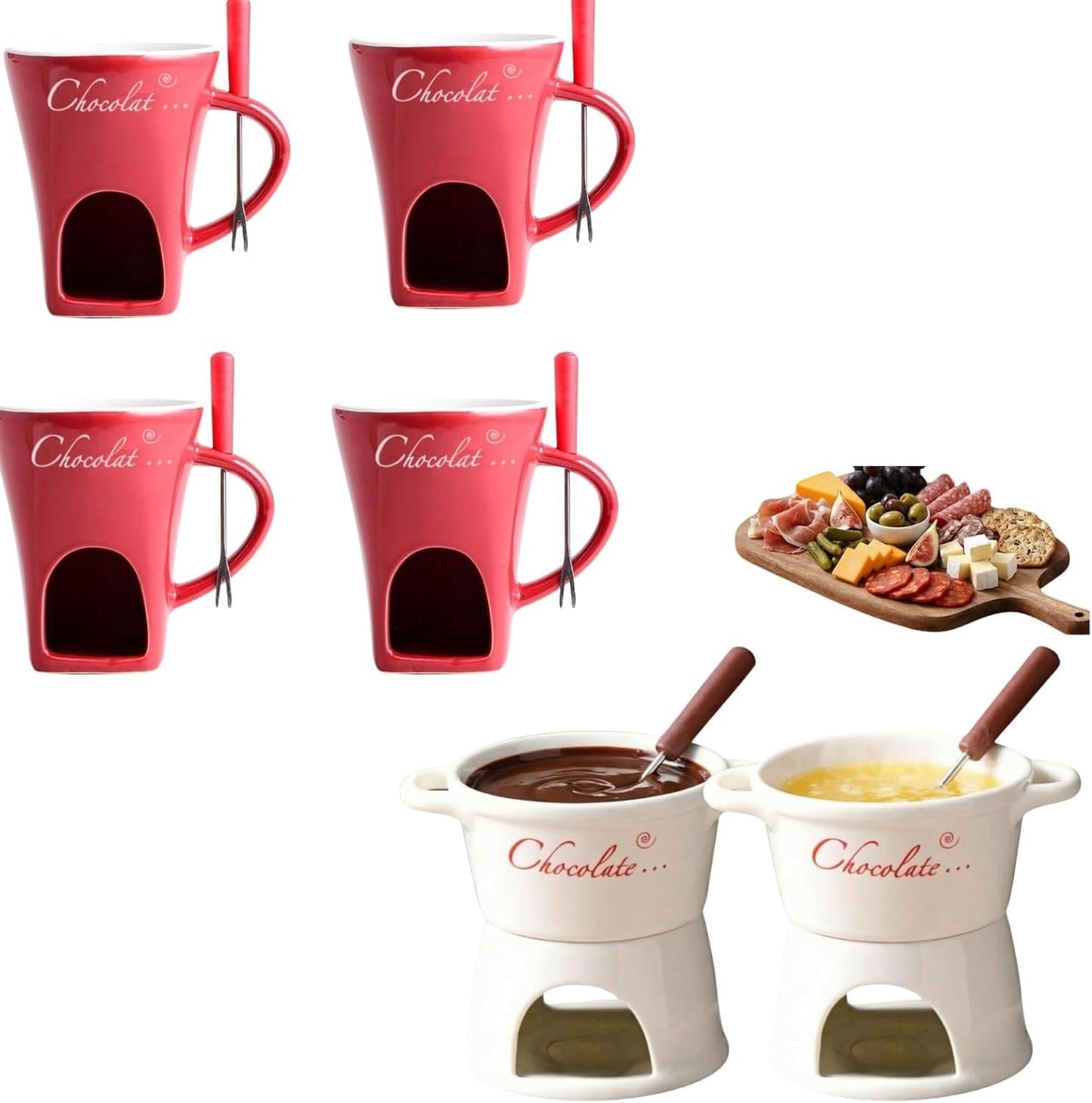 4 Pzas Tazas Cerámica Chocolate con Tabla Charcutería