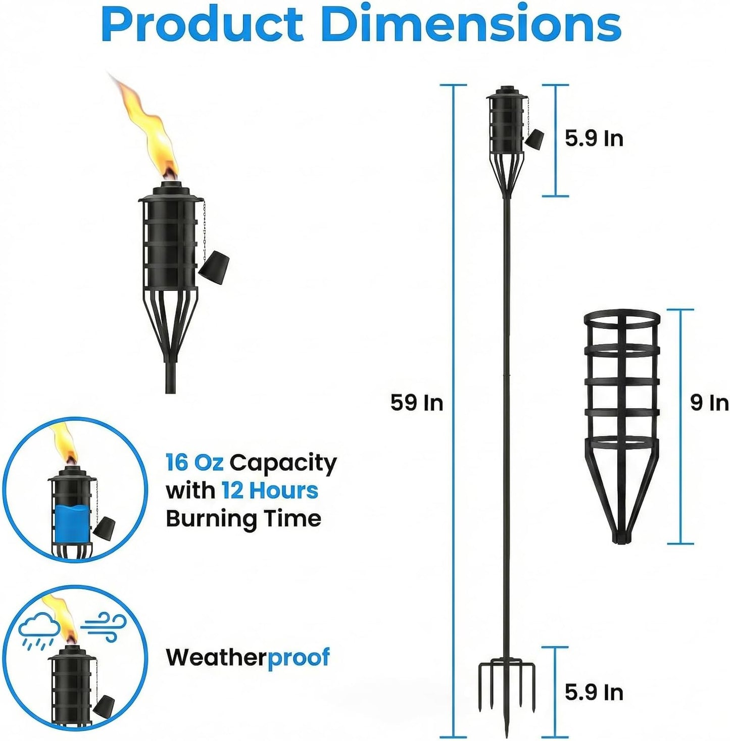 4 Antorchas Jardín 16oz 59pulg Citronela Metal