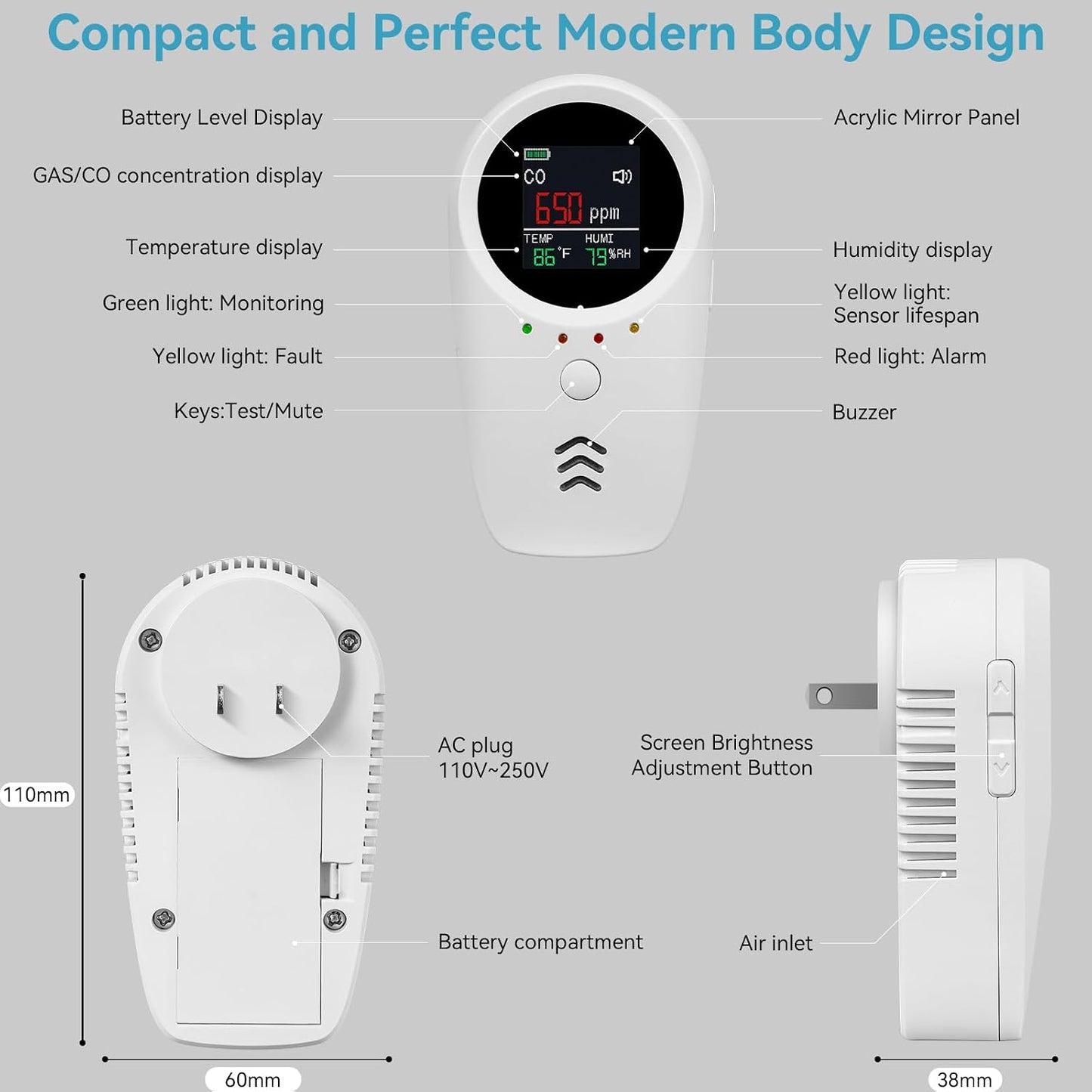 Detector CO 5en1 con batería recargable y monitoreo de humedad