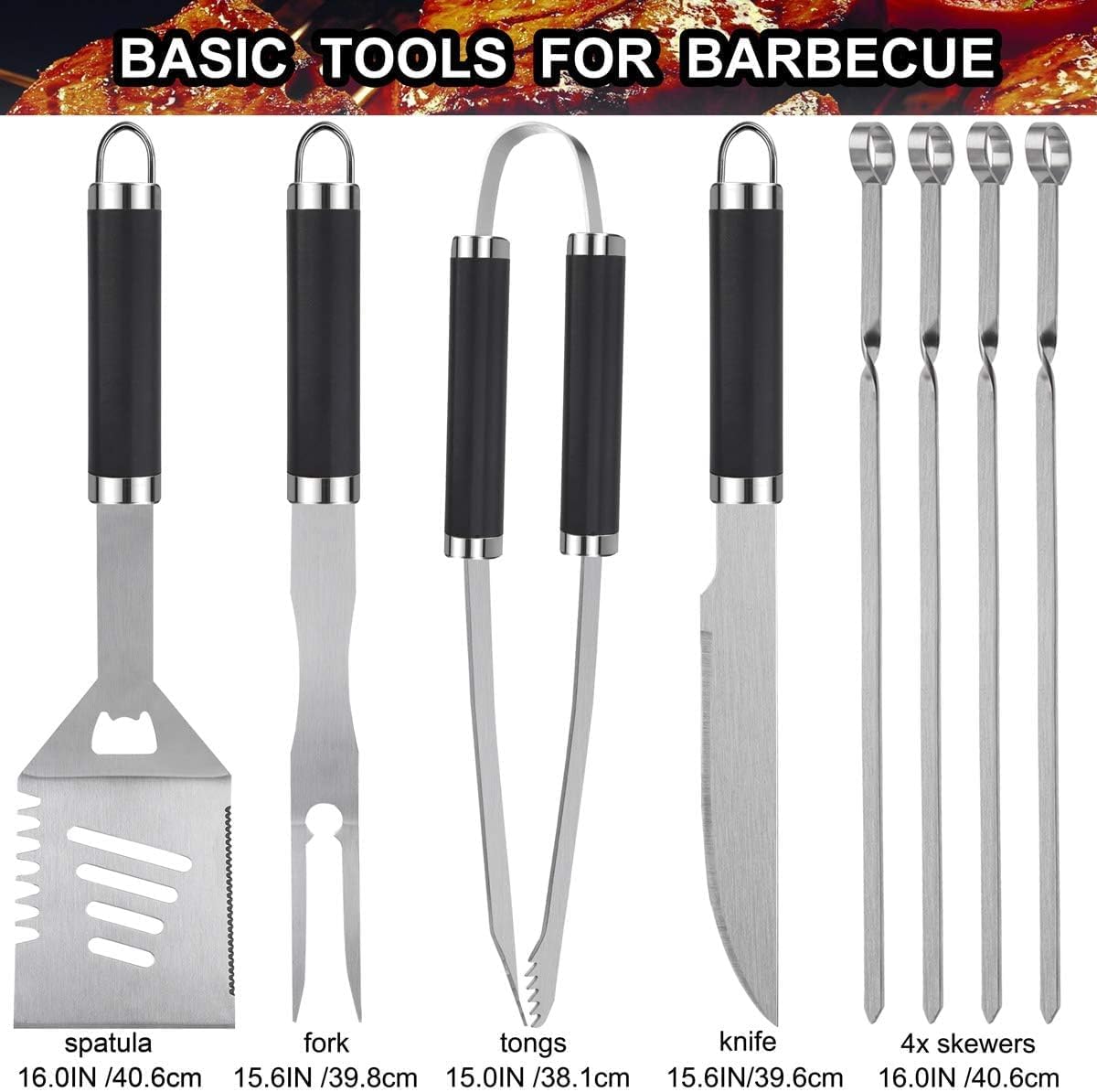 Set 24 Pzas Herramientas BBQ con Termómetro y Inyector Acero Inox