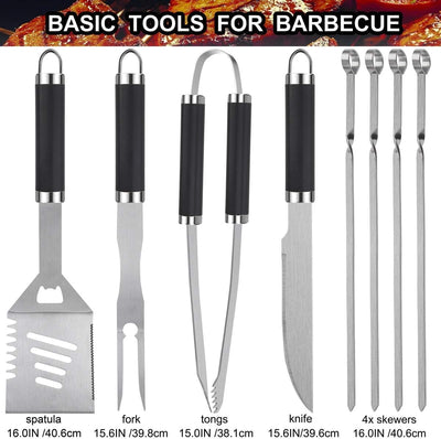 Set 24 Pzas Herramientas BBQ con Termómetro y Inyector Acero Inox