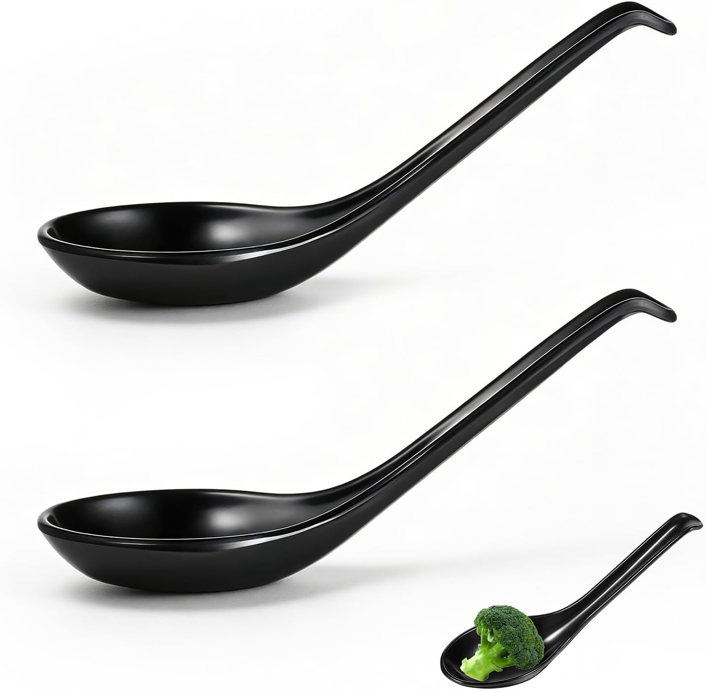 Cucharas de sopa asiáticas de melamina negra con mango largo y gancho