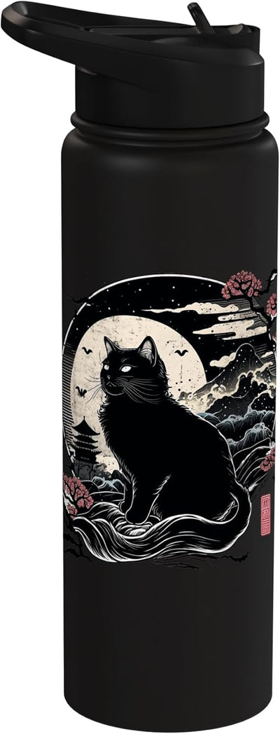 Botella agua acero inox con diseño gato negro japonés