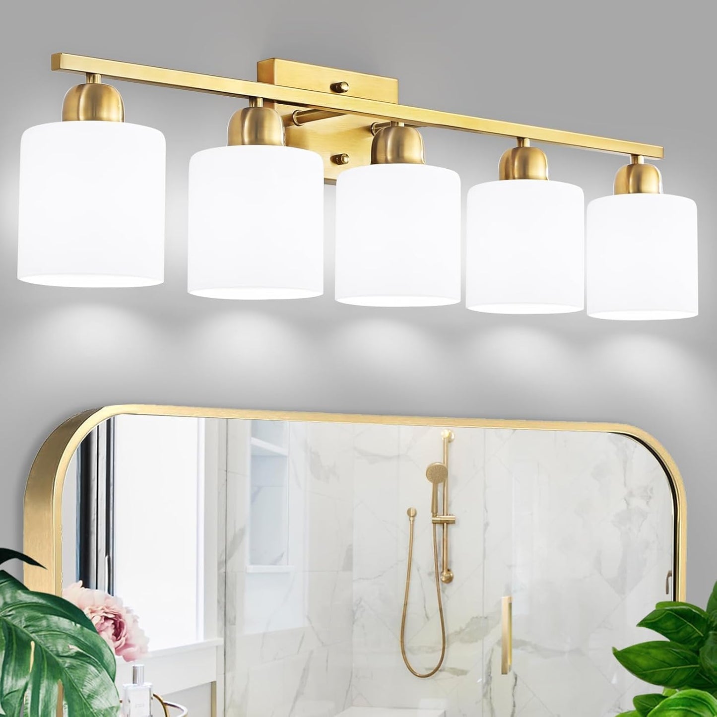 Luces tocador baño 5 luces dorado vidrio esmerilado blanco lechoso