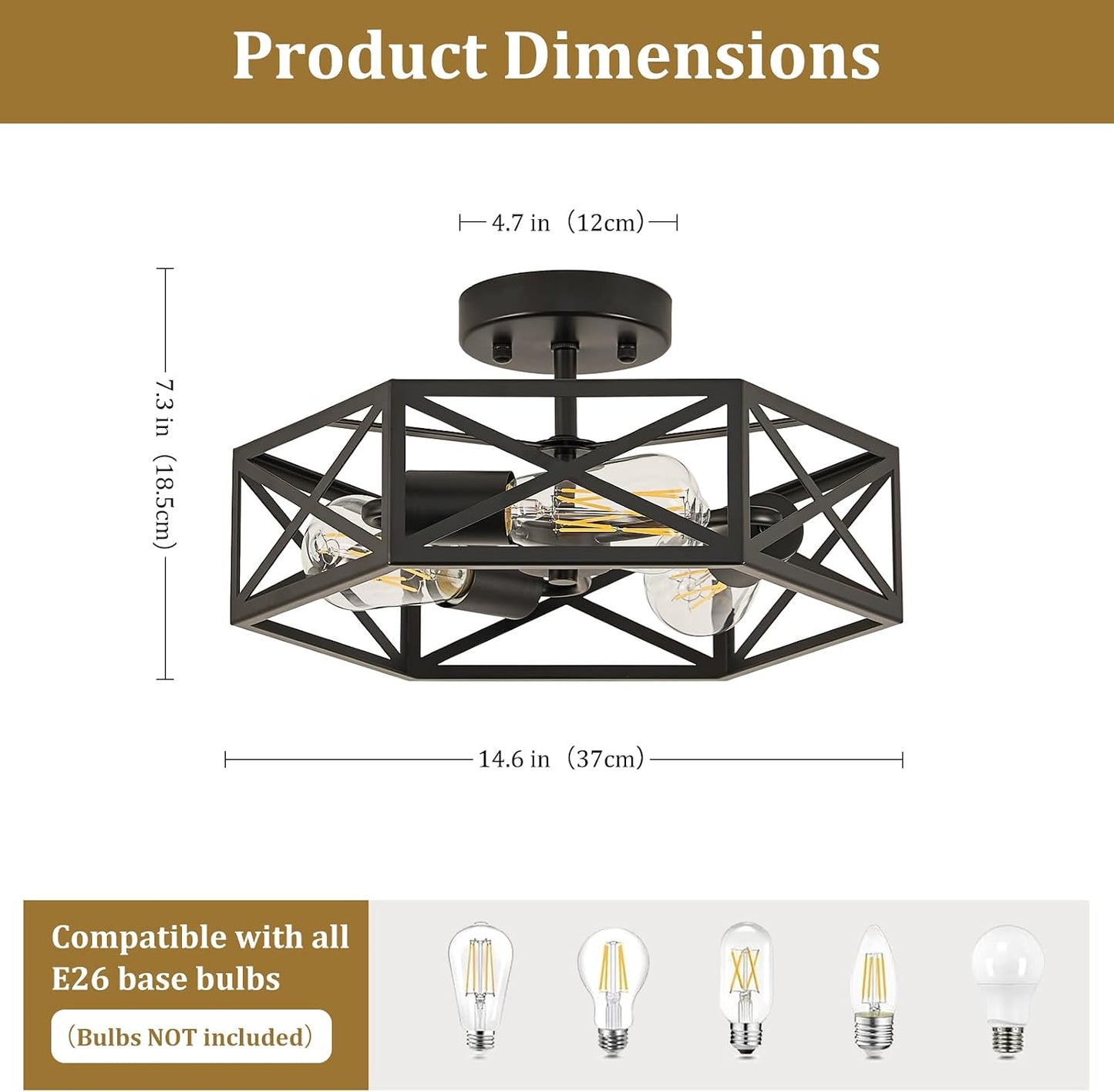 Lámpara techo industrial negra hexagonal 14.6pulg