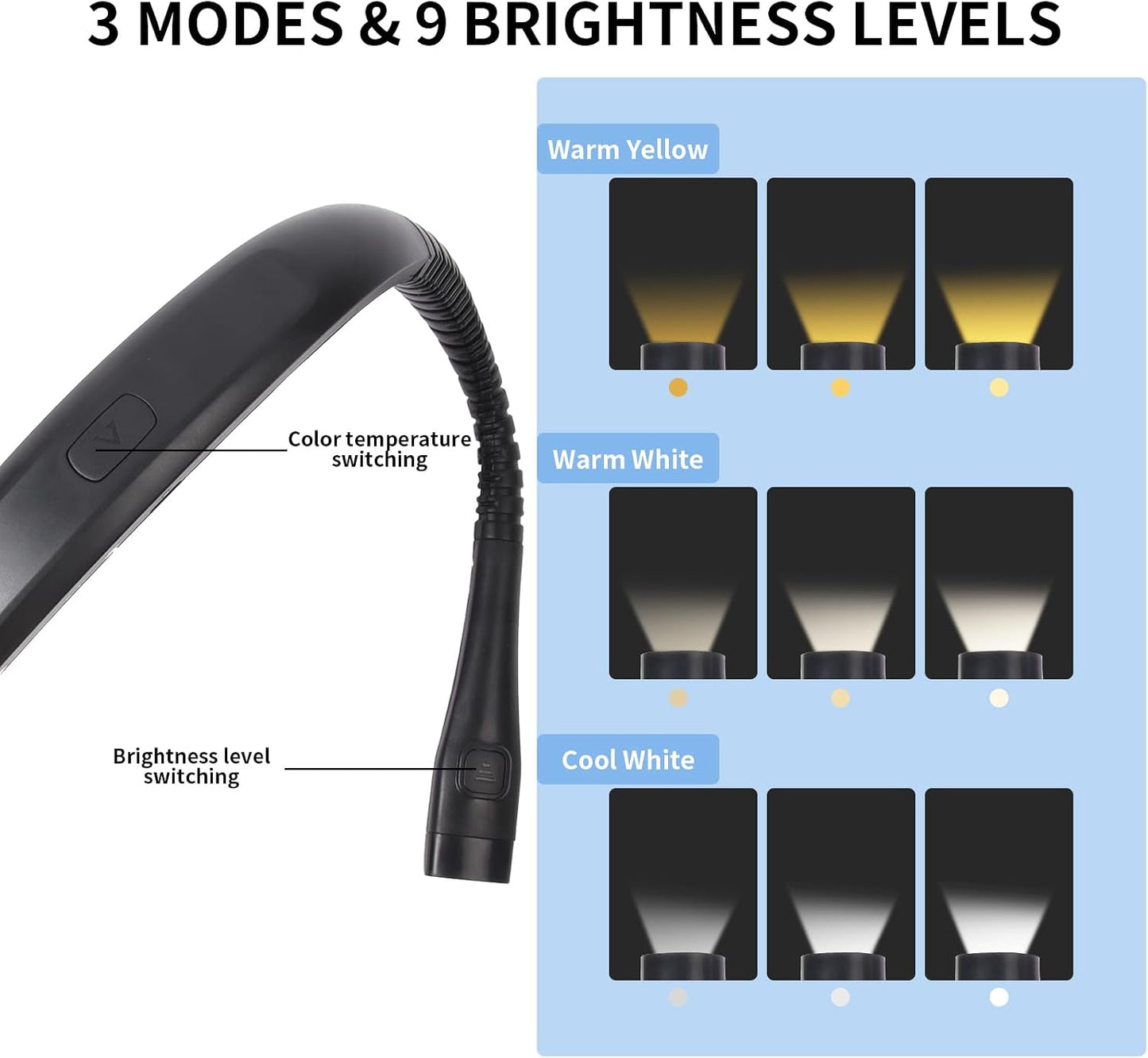 Luz lectura 3 colores 9 brillo flexible recargable 60h