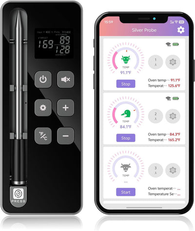 Termómetro carne inalámbrico con base display y app para BBQ