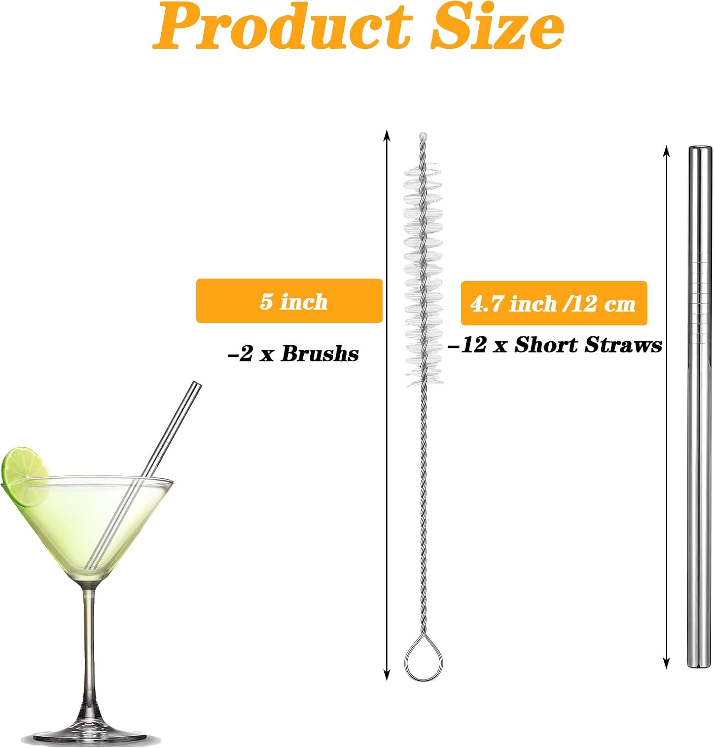 Paquete de 12 popotes cortos de acero inoxidable reutilizables con cepillo de limpieza