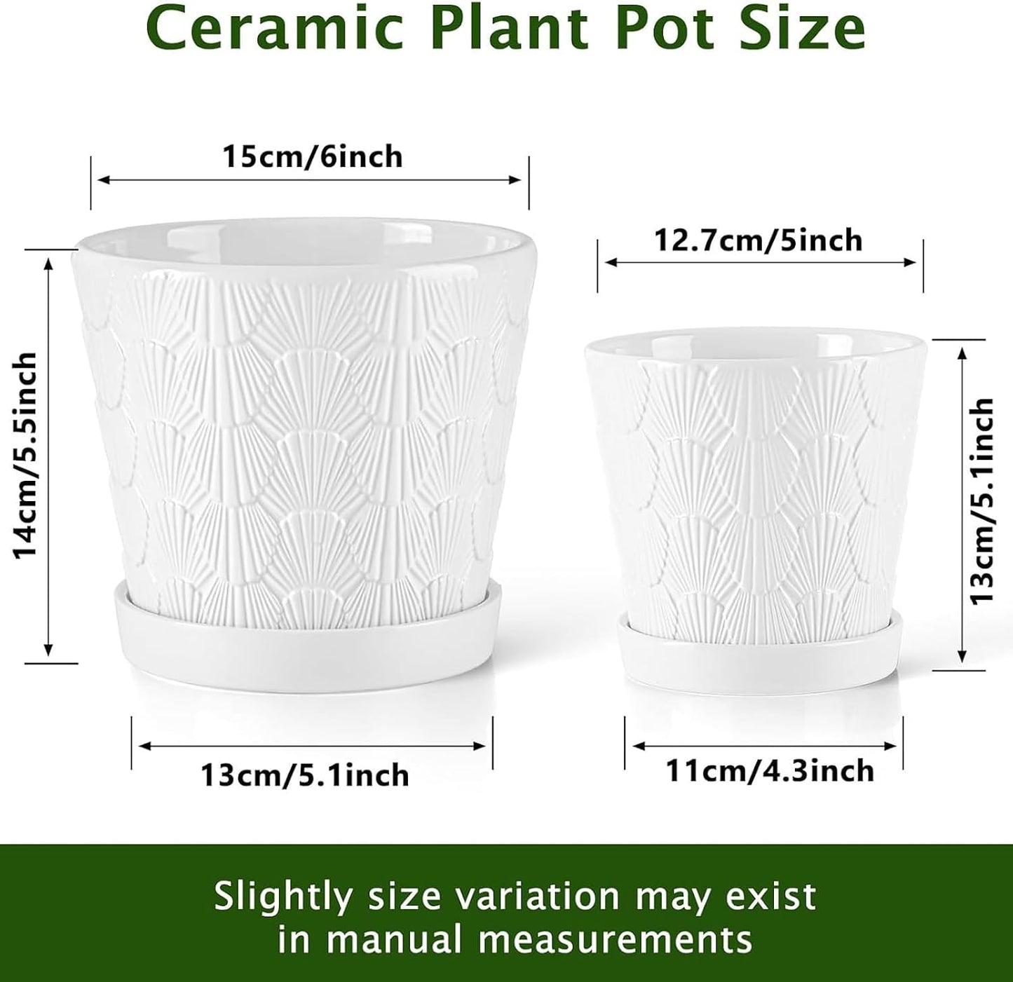 Macetero cerámica 5-6pulg drenaje bandeja conchas set 2 blanco