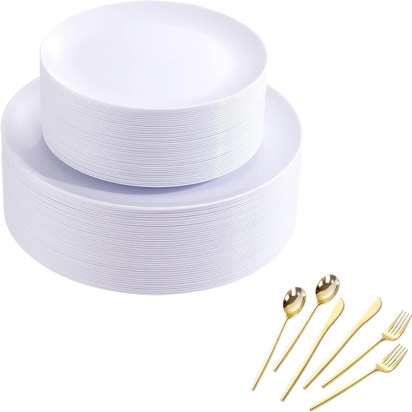 Platos plásticos blancos PULOTE 100 piezas con cubiertos de plástico dorado