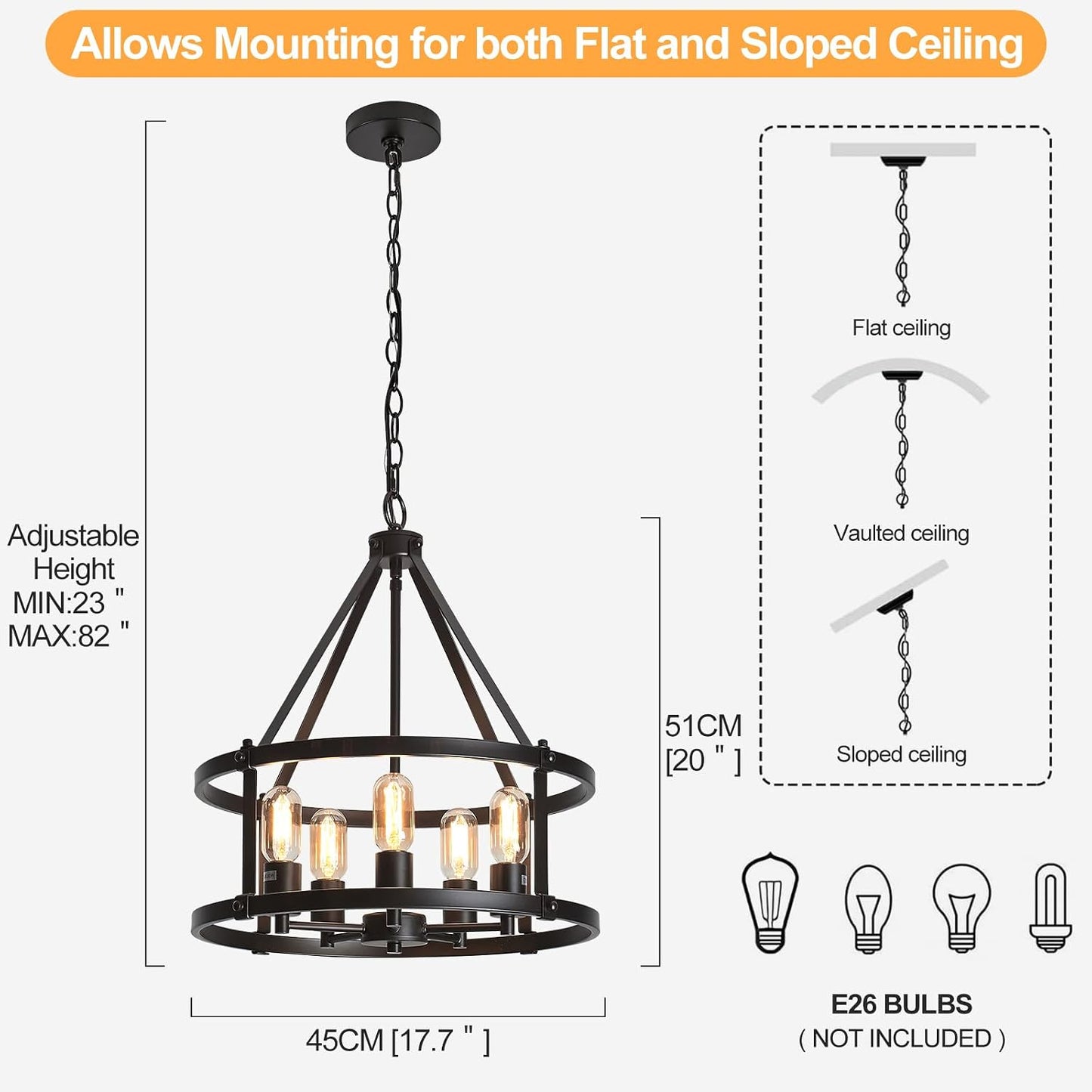 Candelabro negro 17.7pulg 5 luces E26 rústico cocina
