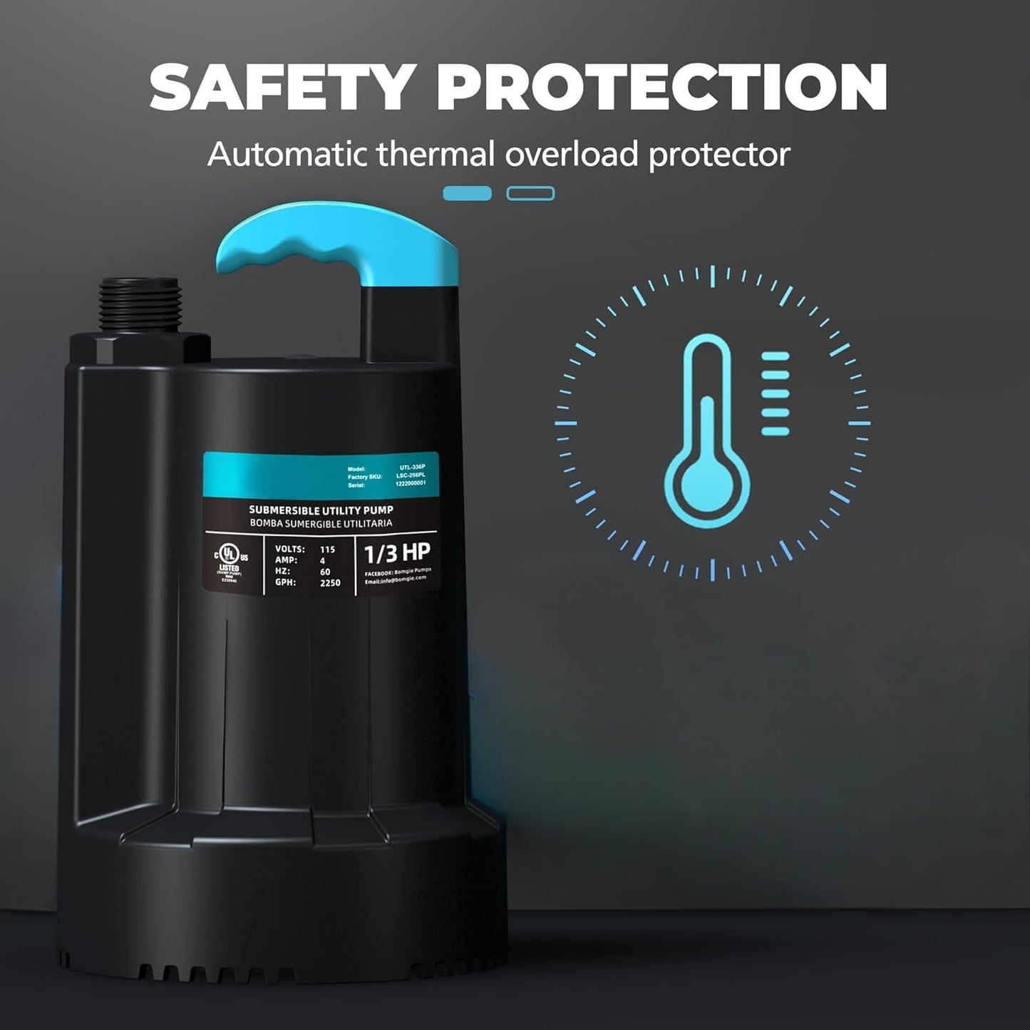 Bomba sumergible 1/3 HP termoplástica 2250 GPH sótano
