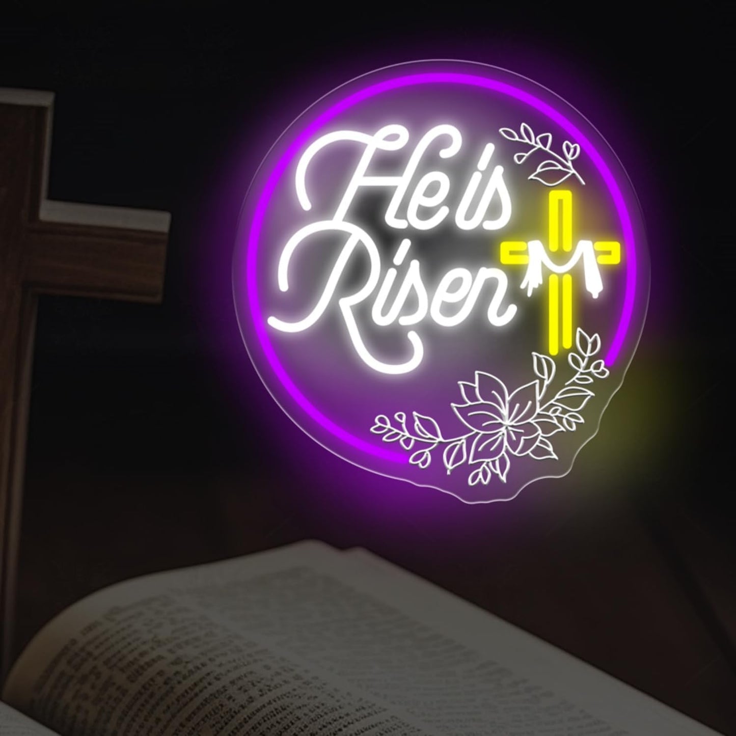 Letrero neón cristiano He Is Risen para pared hogar sala oración