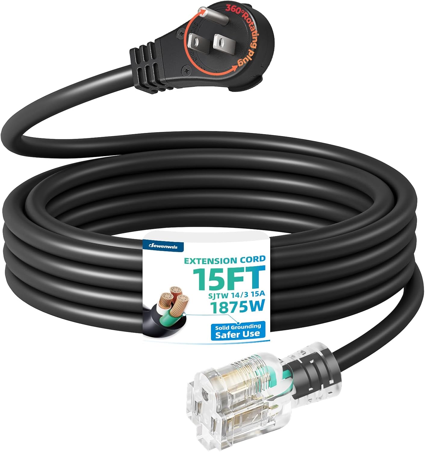 Cable extensión plano giratorio 360° negro 15ft 14/3 con luz