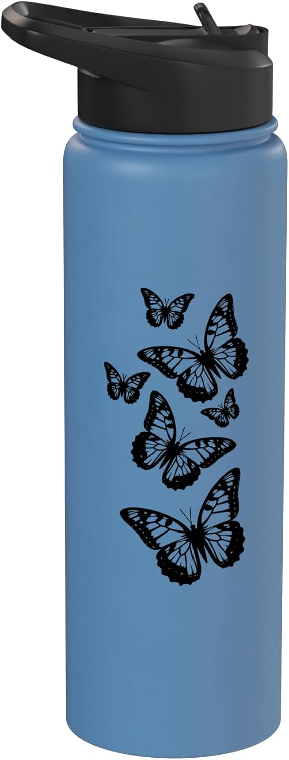 Botella de agua acero inoxidable aislada con mariposas negras y blancas