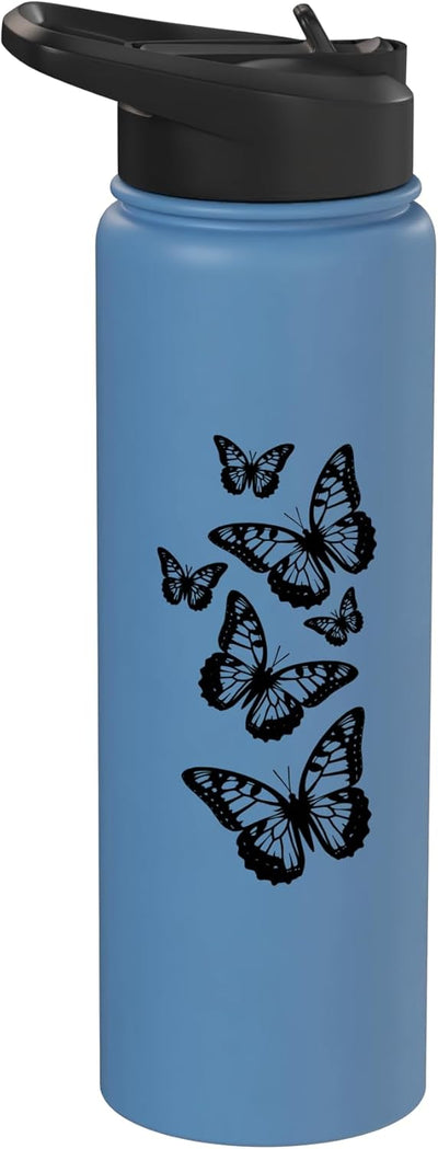 Botella de agua acero inoxidable aislada con mariposas negras y blancas