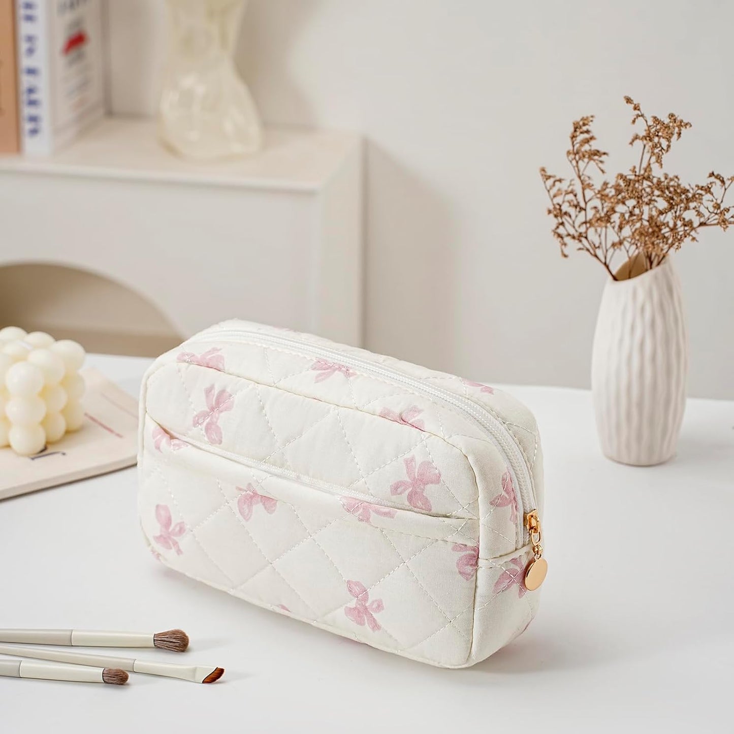 Bolsa maquillaje acolchada rectangular con cremallera pajarita rosa