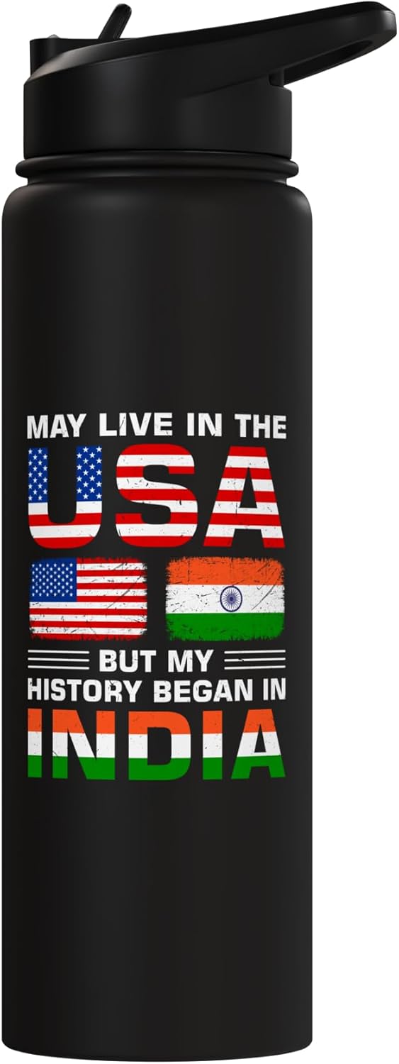Botella de agua acero inoxidable aislada bandera USA e India