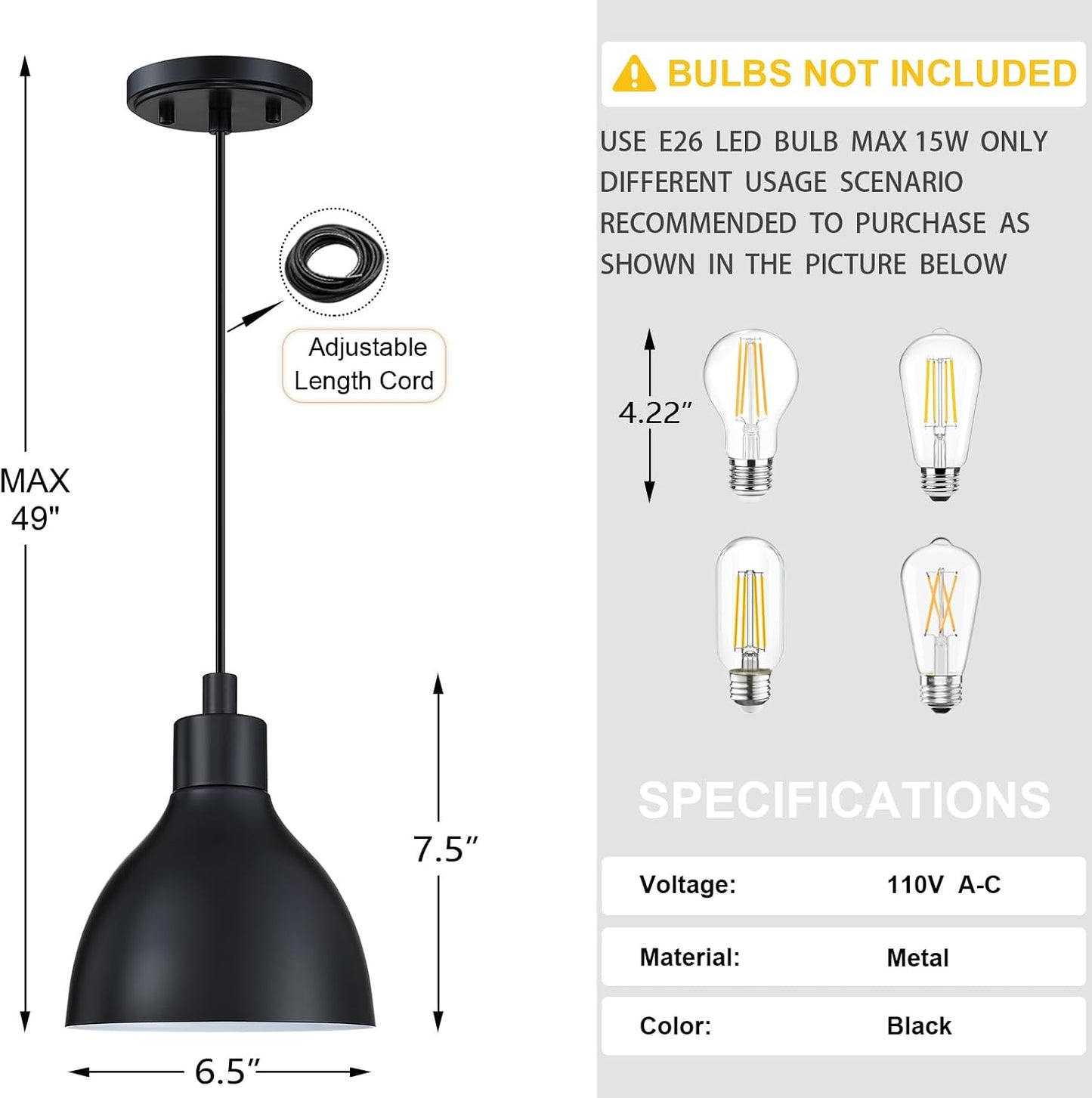 Lámpara colgante industrial metal 6.5pulg para cocina 4 Pzas Negro