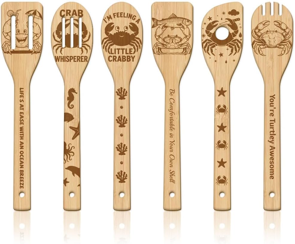 Juego de cucharas de madera para cocina con motivos de cangrejos