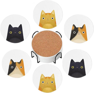 Juego de 6 posavasos absorbentes con soporte de cerámica y base de corcho, diseño de gato