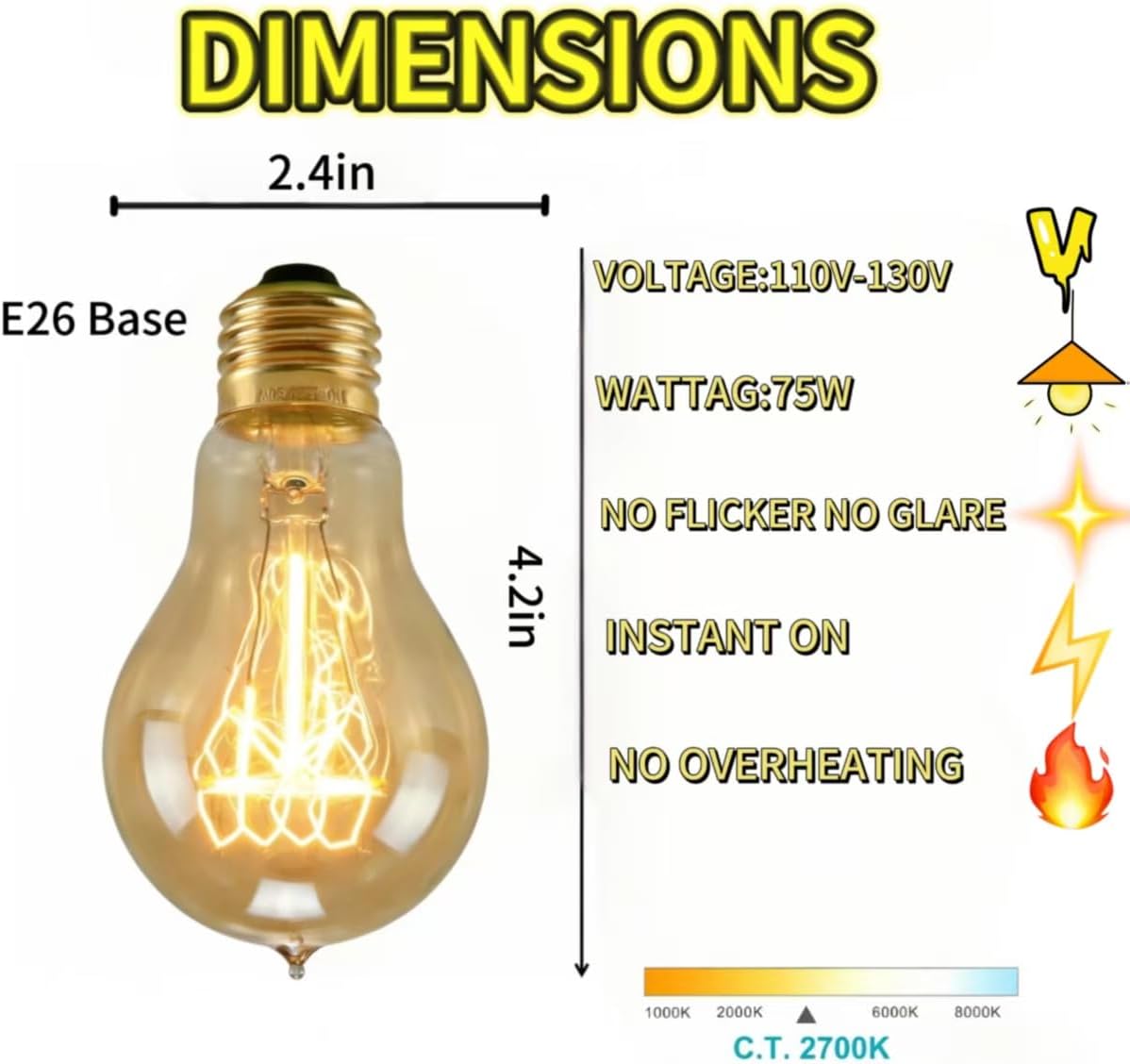 Set 4 Bombillas Edison A19 E26 Regulables 75W Cálidas
